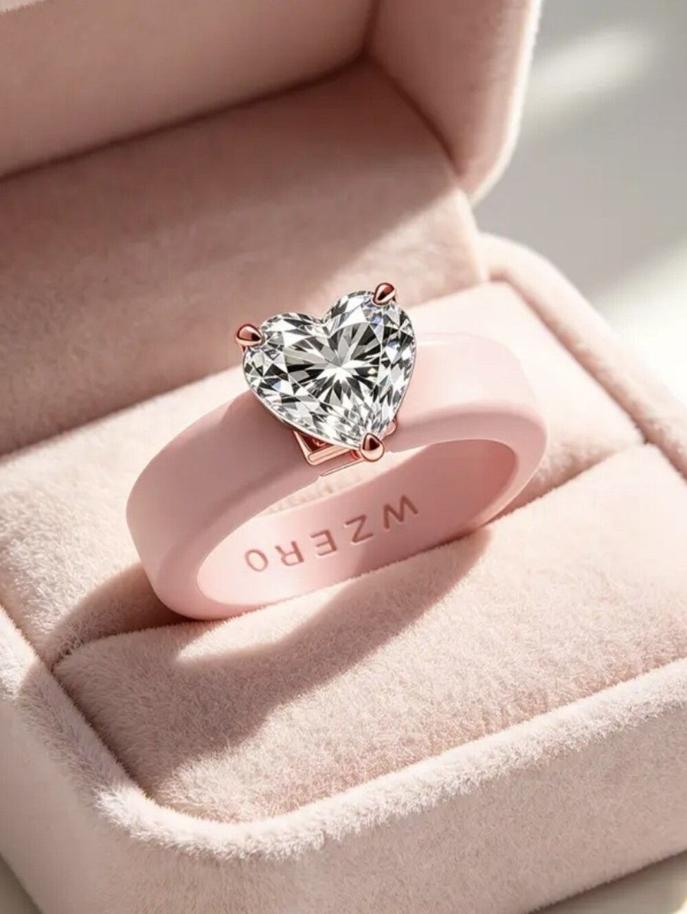 WOMENS PINK SILICONE RING SZ 7 WITH JEWELED CZ HEART DIAMOND
